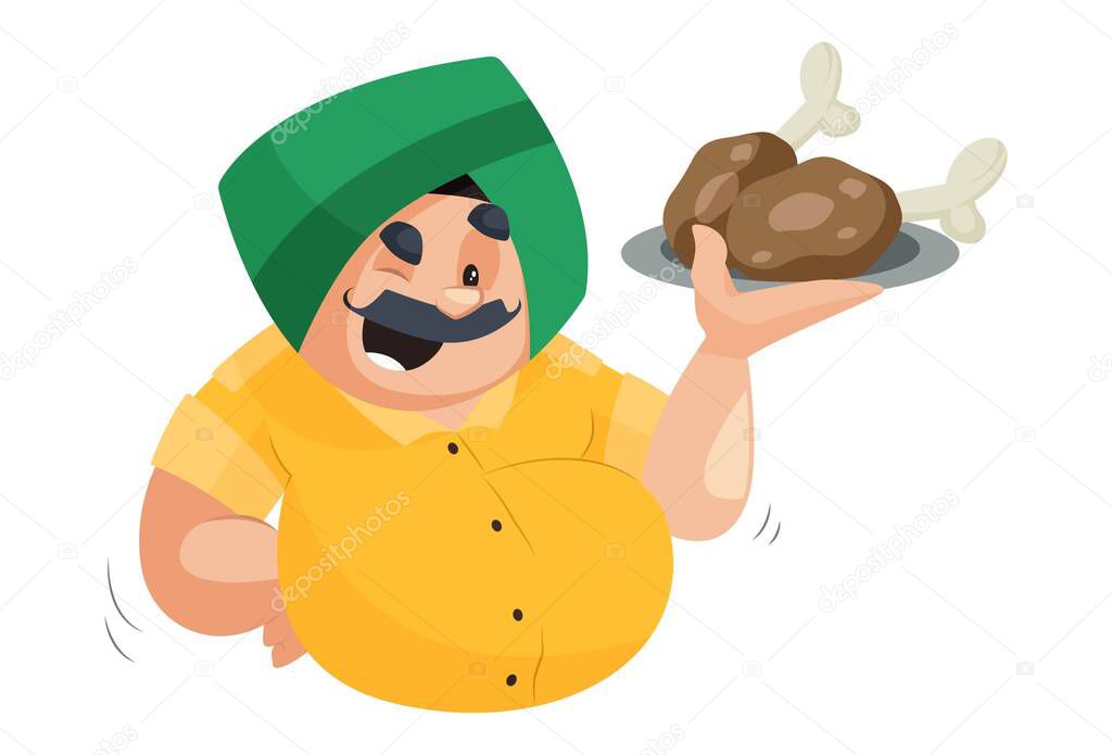 Punjabi man is holding chicken leg piece plate on hand. Vector graphic illustration. Individually on a white background.
