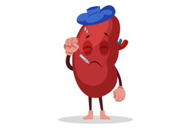 Böbrek termometreyi ağzında tutuyor. Vektör grafik çizimi. Tek tek beyaz arkaplanda.