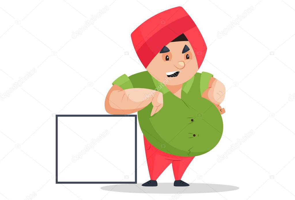 Punjabi man is standing with a whiteboard. Vector graphic illustration. Individually on a white background.