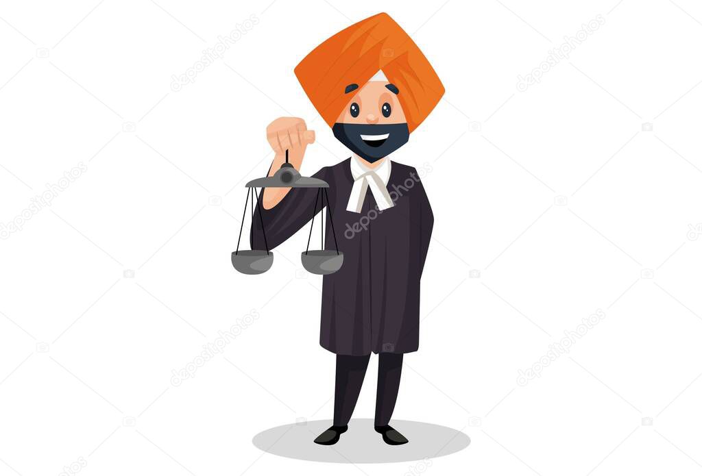 Punjabi judge is holding justice scales in hand. Vector graphic illustration. Individually on white background.