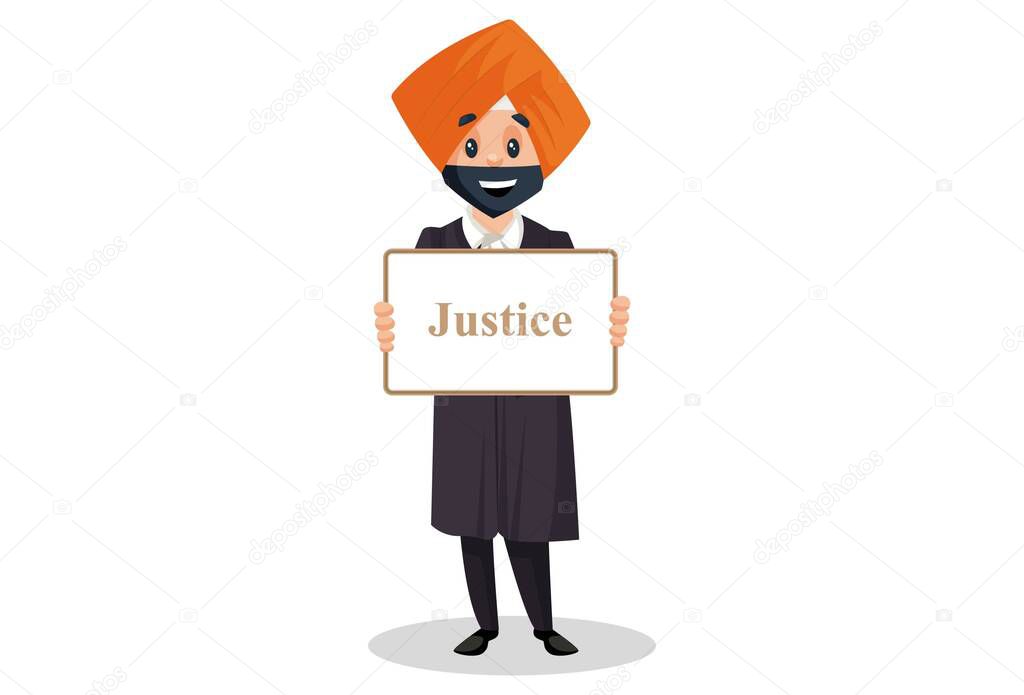 Punjabi judge is holding a justice whiteboard in his hands. Vector graphic illustration.  Individually on white background.