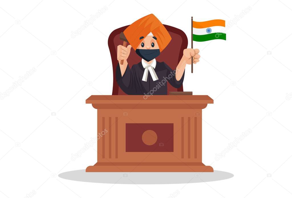 Punjabi judge is sitting on a chair and holding a wooden hammer and flag in hands. Vector graphic illustration. Individually on white background.