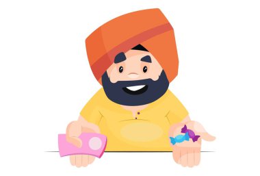 Punjab 'lı esnaf elinde şeker ve para gösteriyor. Vektör grafik çizimi. Beyaz arka planda tek başına.