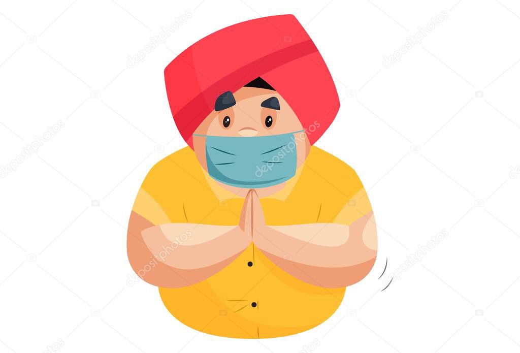 Punjabi man is wearing a mask and with greet hands. Vector graphic illustration. Individually on a white background.