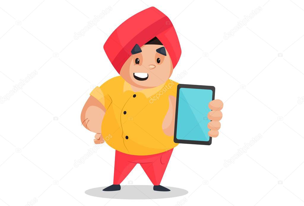 Punjabi man is holding a mobile phone in hand. Vector graphic illustration. Individually on a white background.