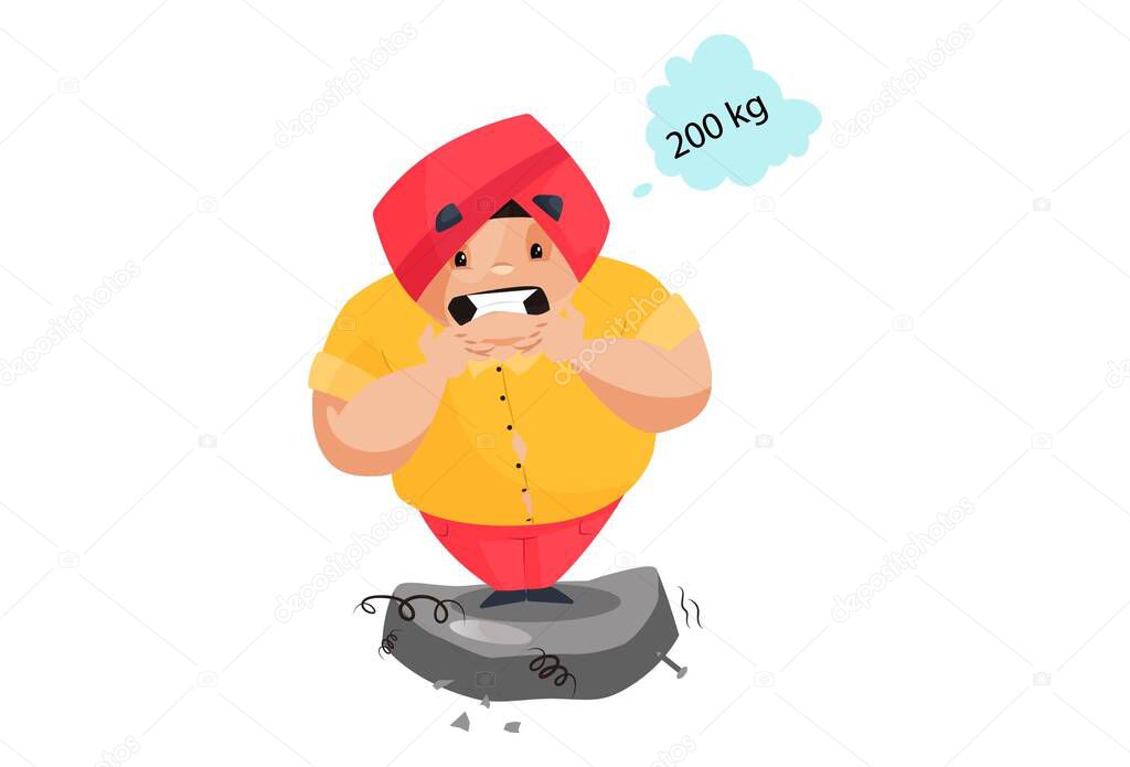 Punjabi man is standing on the weighing machine and unhappy with its 200kg weight. Vector graphic illustration. Individually on a white background.