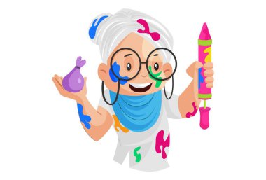 Yaşlı kadın bir elinde Pichkari, diğer elinde balon tutuyor. Vektör grafik çizimi. Tek tek beyaz arkaplanda.