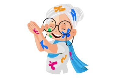 Yaşlı bayan mutlu ve alkışlıyor. Vektör grafik çizimi. Tek tek beyaz arkaplanda.