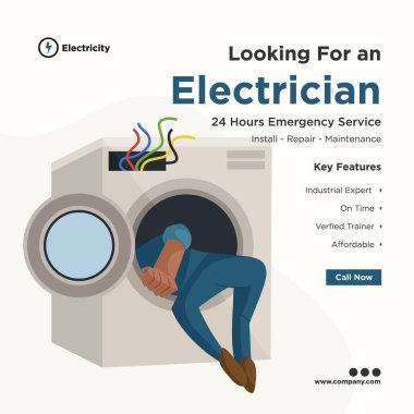 Sosyal medya için elektrikçi pankartı tasarımı arıyorum. Elektrikçi çamaşır makinesini tamir ediyor. Vektör grafik illüstrasyonu.