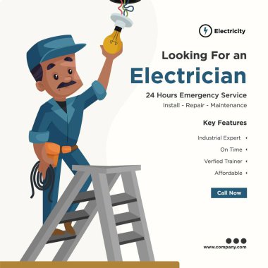 Sosyal medya için elektrikçi pankartı tasarımı arıyorum. Çatıda elektrik ampulü var. Vektör grafik illüstrasyonu.