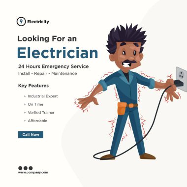 Sosyal medya için elektrikçi pankartı tasarımı arıyorum. Elektrikçi soket tahtasından elektrik şoku alıyor. Vektör grafik illüstrasyonu.