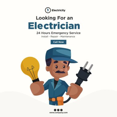 Sosyal medya için elektrikçi pankartı tasarımı arıyorum. Elektrikçi ampul ve fiş kablosu tutuyor. Vektör grafik illüstrasyonu.
