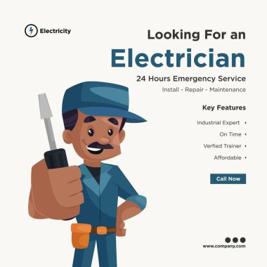 Sosyal medya için elektrikçi pankartı tasarımı arıyorum. Elinde tornavida tutan bir elektrikçi. Vektör grafik illüstrasyonu.