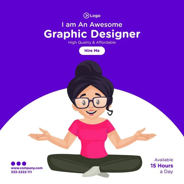 Plantilla Diseño Banner Redes Sociales Chica Diseñador Gráfico Está Sentado — Vector de stock