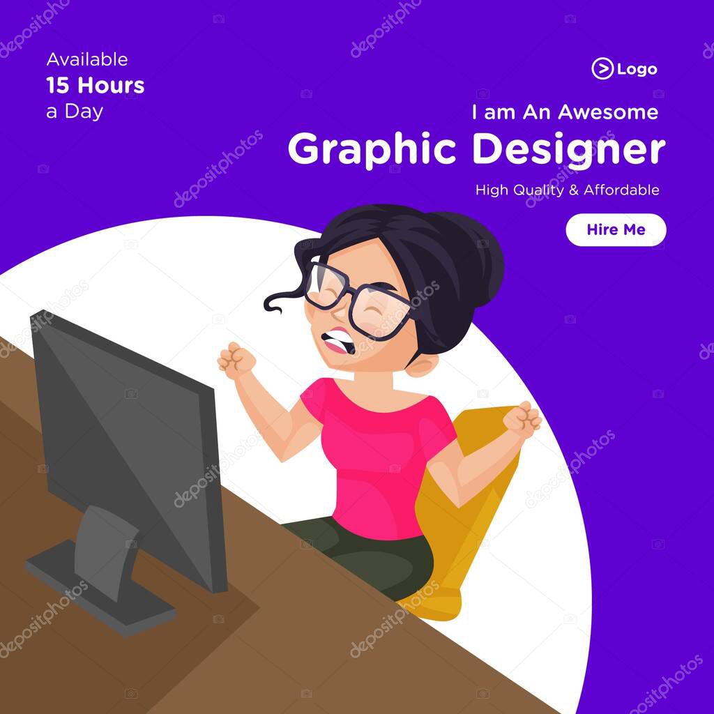 Social media banner design template. Girl graphic designer is sitting in front of a computer and getting angry. Vector graphic illustration.