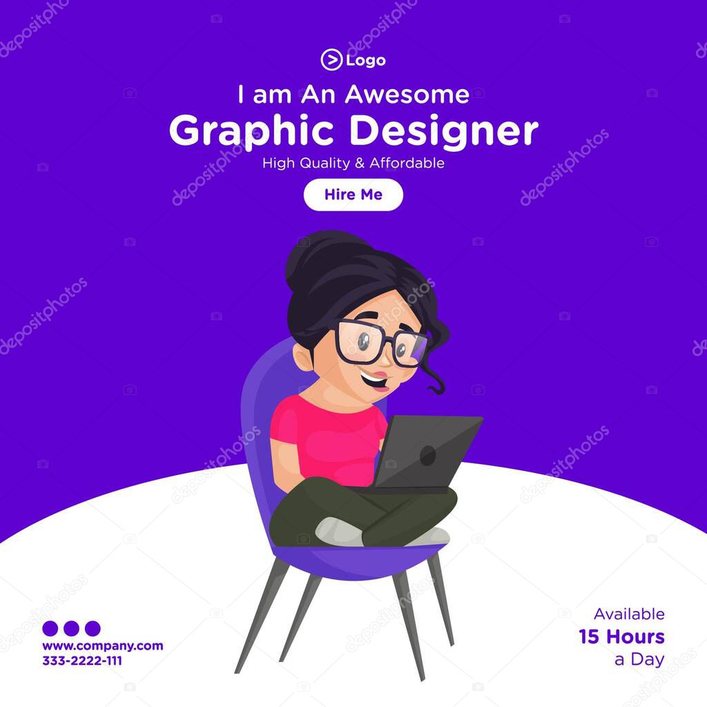 Social media banner design template. Girl graphic designer is sitting on a chair and working on a laptop. Vector graphic illustration.