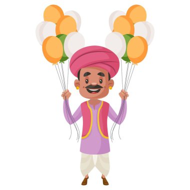 Balon satıcısı iki elinde de balon tutuyor. Vektör grafik çizimi. Tek tek beyaz arkaplanda.