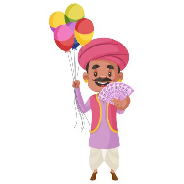 Balon satıcısı bir elinde balon, diğer elinde para tutuyor. Vektör grafik çizimi. Tek tek beyaz arkaplanda.