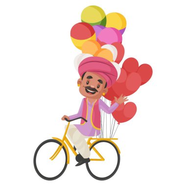 Balon satıcısı bisikletli balon satıyor. Vektör grafik çizimi. Tek tek beyaz arkaplanda.