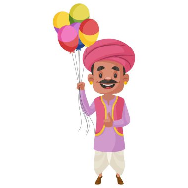 Balon satıcısı bir elinde balon tutuyor diğer elinde de işaret veriyor. Vektör grafik çizimi. Tek tek beyaz arkaplanda.