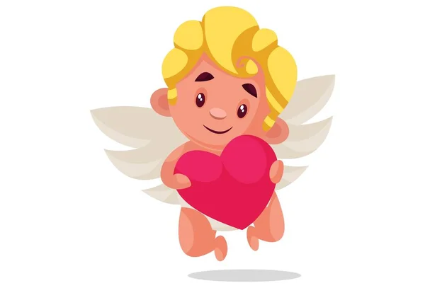 Cute Cupid Holding Heart Hand Flying Vector Graphic Illustration Individually — Stock Vector