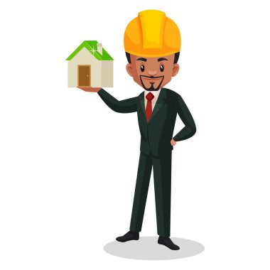 Mühendis elinde küçük bir ev tutuyor. Vektör grafik çizimi. Tek tek beyaz arkaplanda.