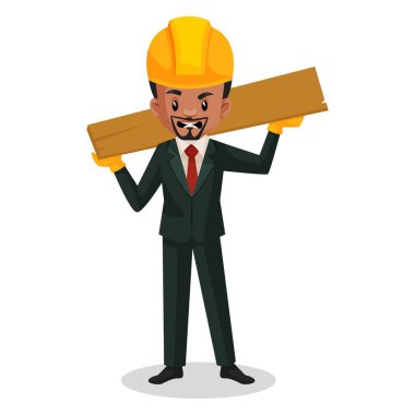 Mühendis omzunda tahta topluyor. Vektör grafik çizimi. Tek tek beyaz arkaplanda.