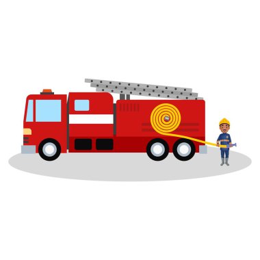 İtfaiyeci adam elinde su borusuyla itfaiye aracının önünde duruyor. Vektör grafik çizimi. Tek tek beyaz arkaplanda.