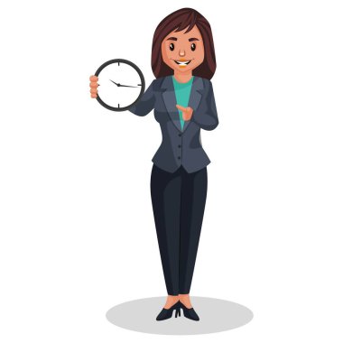 İnsan kaynakları müdürü nöbet tutuyor ve saati gösteriyor. Vektör grafik çizimi. Tek tek beyaz arkaplanda.