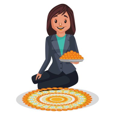 İK müdürü yerde rangoli yapıyor. Vektör grafik çizimi. Tek tek beyaz arkaplanda.