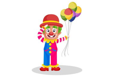 Joker selam veriyor ve elinde balonlar tutuyor. Vektör grafik çizimi. Tek tek beyaz arkaplanda.