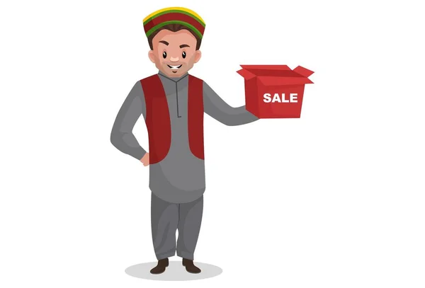 Kashmiri Mannen Håller Försäljningslådan Handen Vektor Grafisk Illustration Individuellt Vit — Stock vektor
