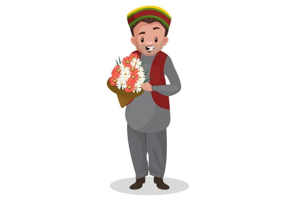 Kashmiri Man Håller Blombuketter Handen Vektor Grafisk Illustration Individuellt Vit — Stock vektor