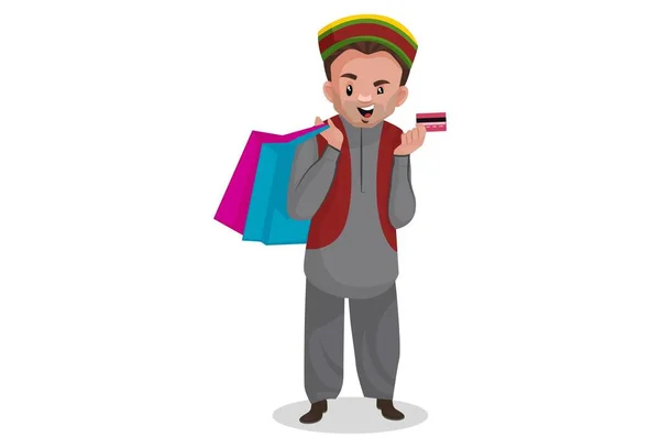 Kashmiri Man Håller Shoppingväskor Och Kort Handen Vektor Grafisk Illustration — Stock vektor