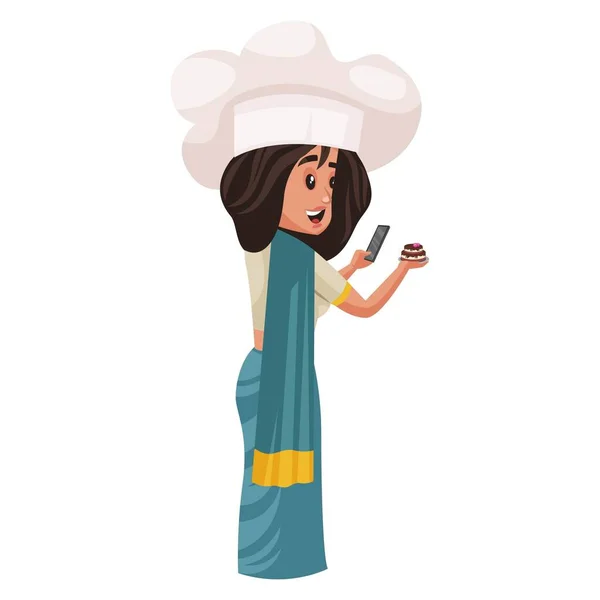 Lady Chef Está Segurando Telefone Bolo Mão Ilustração Gráfica Vetorial —  Vetores de Stock