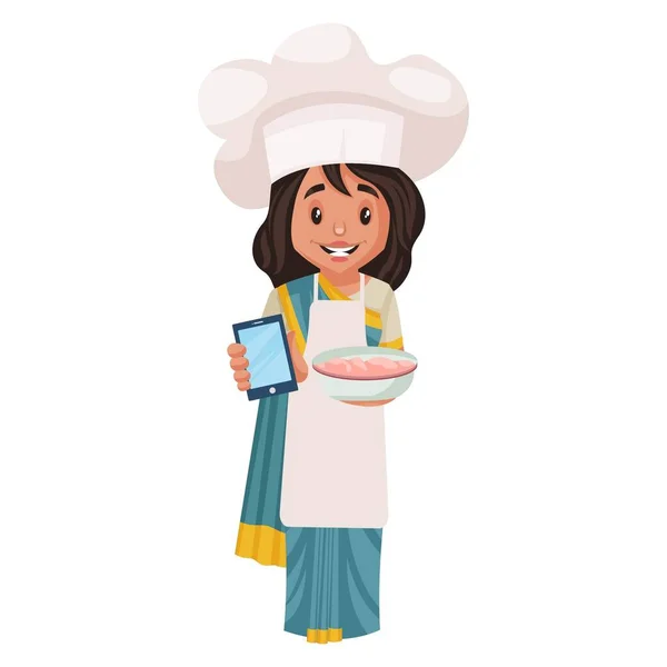 Lady Chef Está Segurando Telefone Boliche Mão Ilustração Gráfica Vetorial —  Vetores de Stock