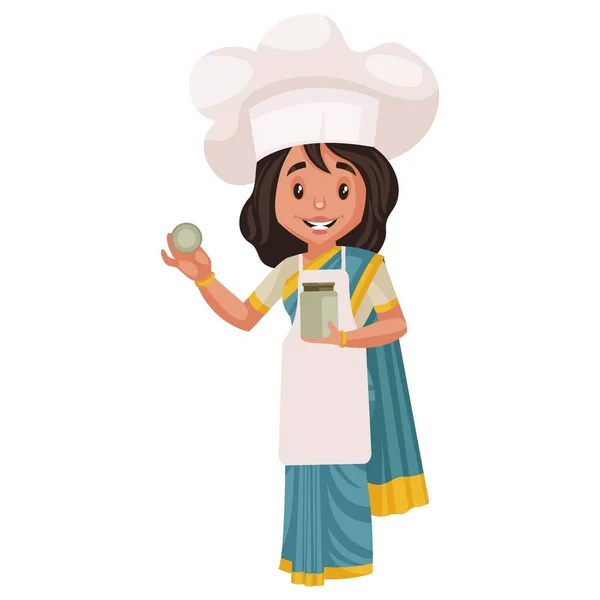 Lady Chef Tient Couvercle Bocal Main Illustration Vectorielle Individuellement Sur — Image vectorielle
