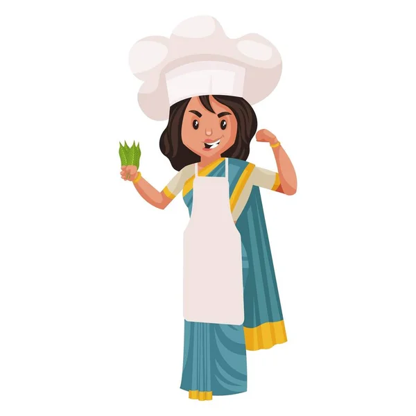 Lady Chef Holding Leaves Hand Vector Graphic Illustration Individually White — Stock Vector