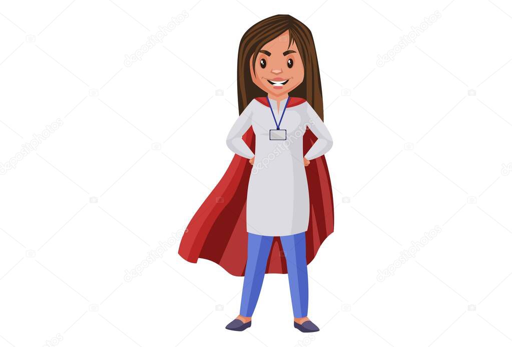 Lady journalist is wearing a superhero cape. Vector graphic illustration. Individually on white background.