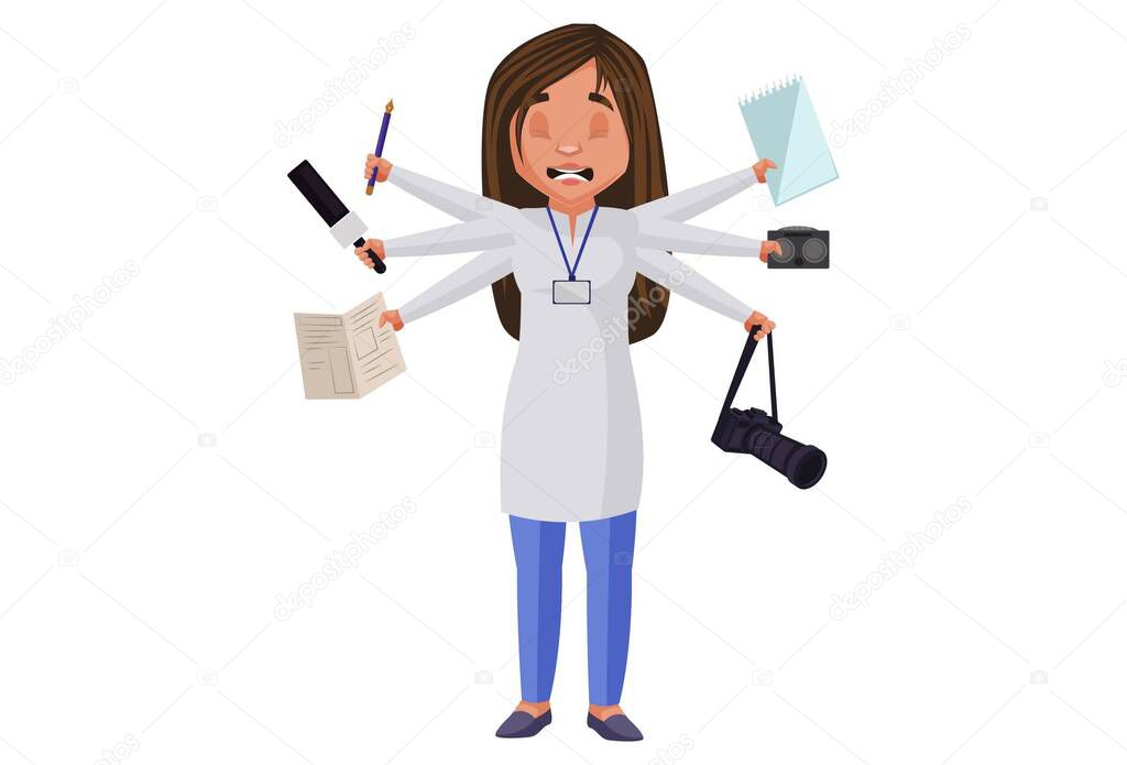 Lady journalist is frustrated with doing multiple tasks. Vector graphic illustration. Individually on white background.