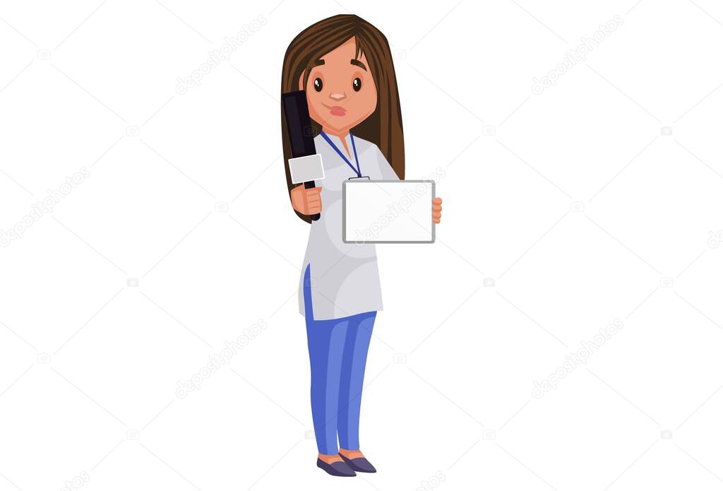Lady journalist is holding whiteboard in hand and other hand holding the mike. Vector graphic illustration. Individually on white background.