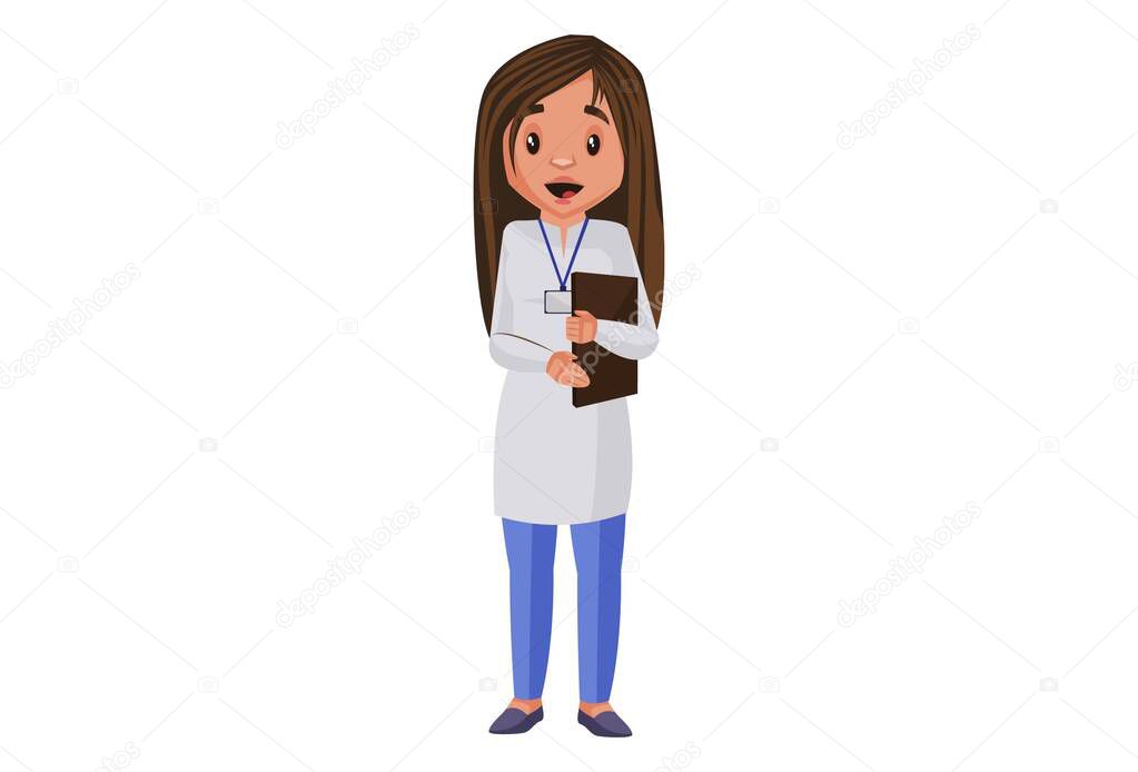 Lady journalist is surprised and holding a file in hands. Vector graphic illustration. Individually on white background.