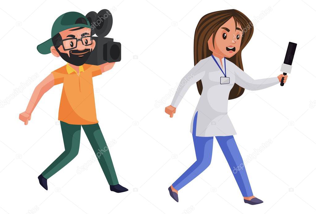 Lady journalist is running with the cameraman. Vector graphic illustration. Individually on white background.