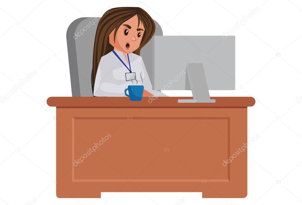Lady journalist is working on computer. Vector graphic illustration. Individually on white background.