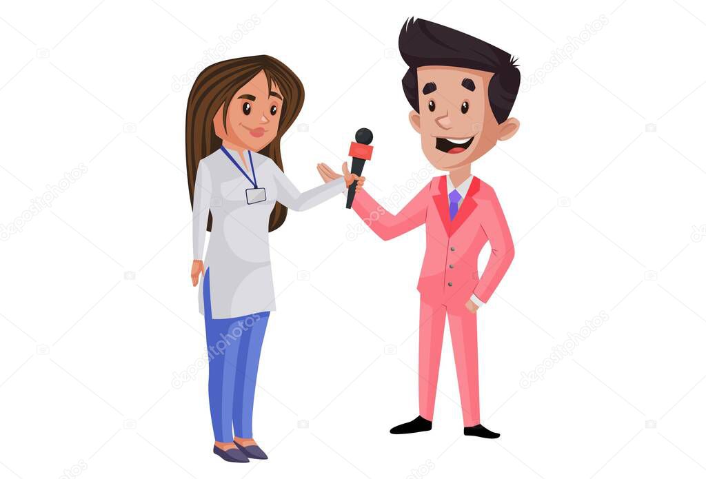 Lady journalist is taking interview of the actor. Vector graphic illustration. Individually on white background.