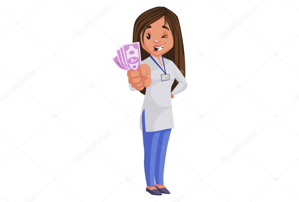 Lady journalist is holding money in hand. Vector graphic illustration. Individually on white background.