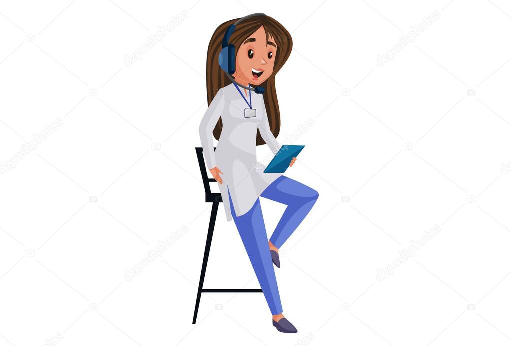 Lady journalist is sitting on a chair and wearing a microphone. Vector graphic illustration. Individually on white background.