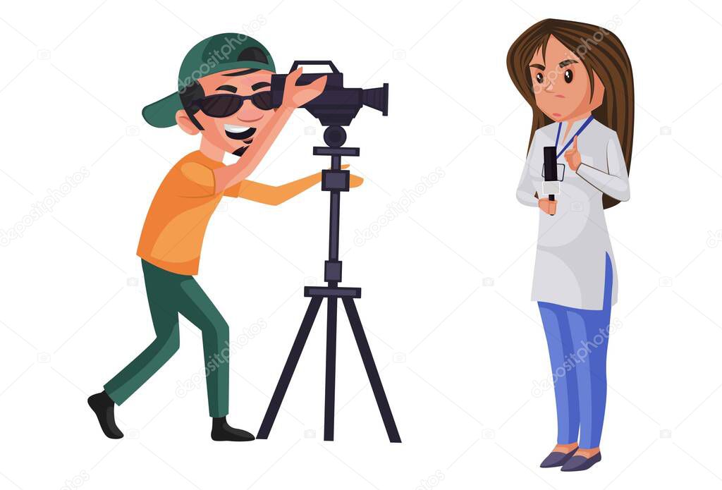 Lady journalist is telecasting live news with his cameraman. Vector graphic illustration. Individually on white background.