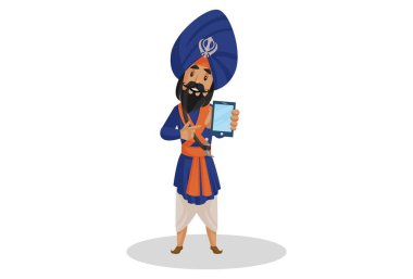 Punjabi Nihang Sardar 'ın elinde cep telefonu var. Vektör grafik çizimi. Beyaz arka planda tek başına.