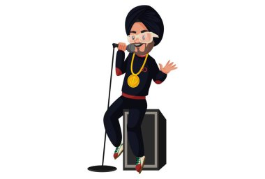 Punjabi şarkıcısı mikrofonla şarkı söylüyor. Vektör grafik çizimi. Beyaz arka planda tek başına.